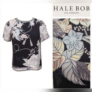 Hale Bob Black Tan & Violet Floral & Tassel Print Short Sleeve Top Sz XS-M